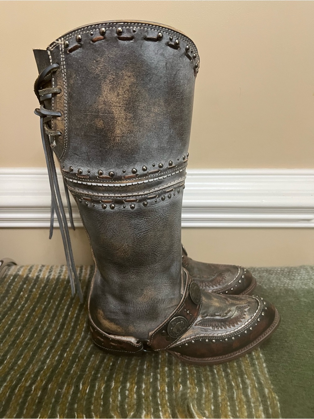 Freebird by Steven Gynger Ice Gray and Brown Studded Leather Heeled Boots - Picture 2 of 5